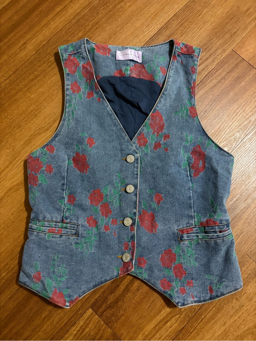 Rose Embroidered Fitted Denim Vest Boutique Branded Button Front Size Small